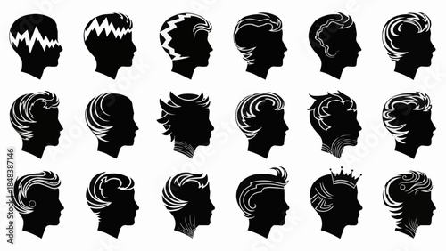 Collection of diverse hairstyles shown in silhouette profiles.