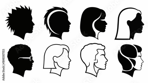 Collection of Diverse Human Head Silhouettes Showcasing Various Hairstyles and Features.