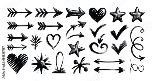 Hand drawn set of black grunge arrows hearts stars and checkmarks with a sketchy doodle style for creating unique graphic compositions and social media posts.