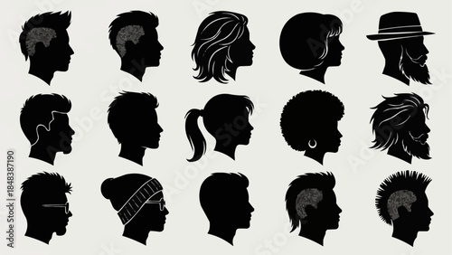 Collection of Diverse Human Head Silhouettes Showcasing Various Hairstyles and Accessories.