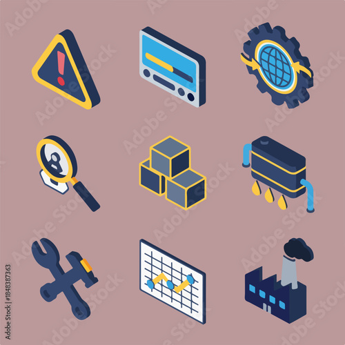 Nine colorful isometric icons in a 3x3 grid representing industrial, technological, and business concepts like warning, data, tools, and factories.