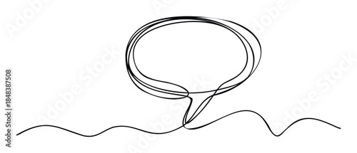 Single continuous line drawing of a round speech bubble representing communication and dialogue for social media graphics and minimalist presentations.