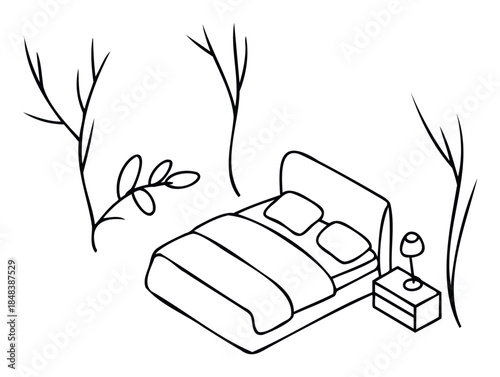 Minimalist line drawing of a bed and nightstand set amongst stylized trees evoking a sense of calm and peaceful sleep for wellness and home decor concepts