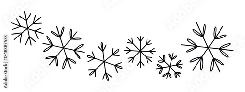 A collection of simple hand drawn snowflakes arranged in a flowing garland perfect for creating winter holiday borders and festive Christmas compositions.