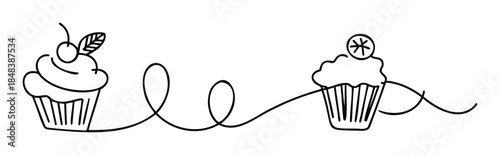 Continuous line drawing of two delicious cupcakes with fruit toppings perfect for bakery branding, menu decoration, and sweet food graphics.