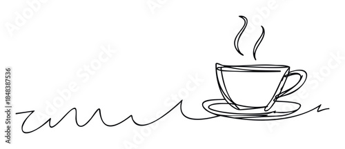 Continuous one line drawing of a steaming coffee cup on a saucer, a minimalist doodle perfect for a modern cafe logo or restaurant menu.