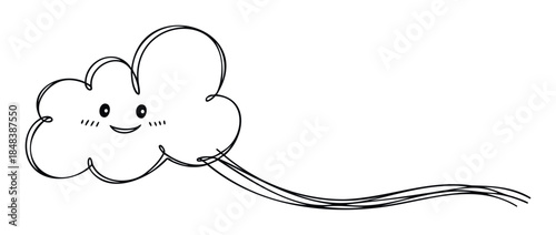 Hand drawn doodle of a smiling cloud character with a flowing tail for weather concepts or childrens themes