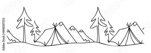 A simple line drawing of a campsite with teepees, pine trees, and mountains, perfect for a decorative border or travel themed projects.