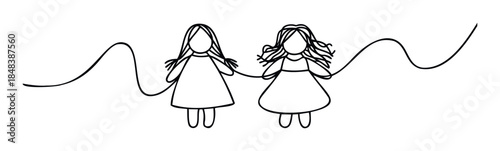 Simple continuous line drawing of two best friends holding hands, a symbol of childhood friendship, love, and unbreakable bonds for social and personal use.