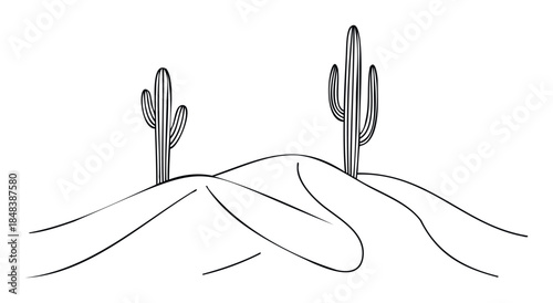 Simple line drawing of a desert scene with two saguaro cacti on rolling sand dunes, a minimalist nature landscape for travel and western themed projects.