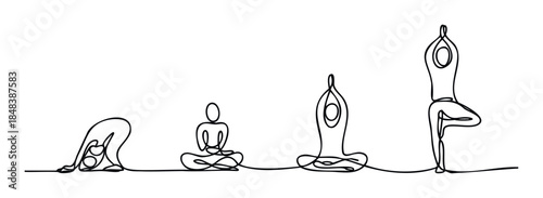 Yoga poses progression shown in a continuous single line drawing for fitness, meditation, spiritual wellness, and mental health applications.