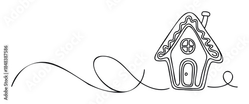 Continuous one line drawing of a Christmas gingerbread house cookie, a simple festive graphic for holiday cards, winter celebration invitations and bakery themes.