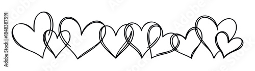 A continuous line of handdrawn scribble hearts forming a romantic border ideal for Valentines Day greetings or wedding stationery.