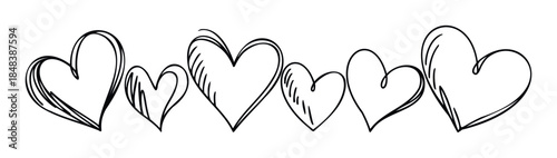 Hand drawn sketchy hearts in a row create a simple border for romantic greetings wedding invitations and social media
