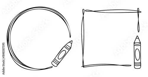Simple crayon line drawing of a circle and a square frame perfect for adding text for school presentations, kids party invitations, or educational worksheets.