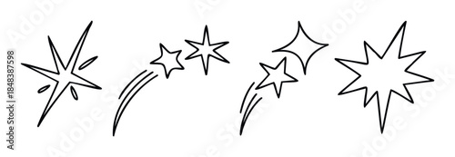Hand drawn doodle style star and sparkle effects including shooting stars and starbursts perfect for adding a touch of magic or emphasis to projects.