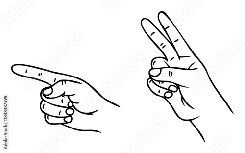 A simple line drawing of two hand gestures, one pointing with the index finger and the other showing the V sign for peace or victory, useful for communication concepts.