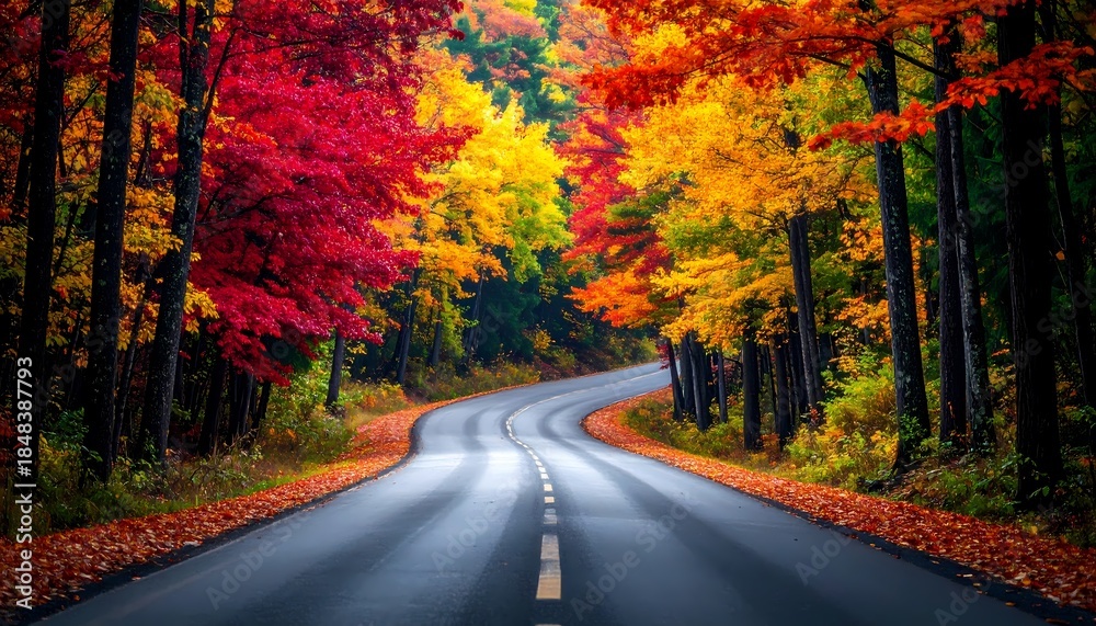 Obraz premium Winding Road Through Vibrant Autumn Forest with Colorful Trees.