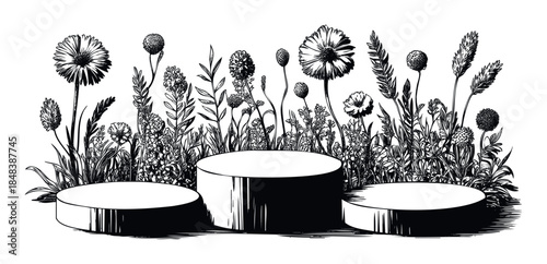Hand drawn botanical scene with empty cylindrical podiums and dense wildflowers for a natural product display or cosmetic mockup