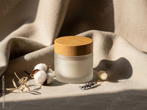 Glass jar of cosmetic cream with a wooden lid, surrounded by dried flowers and cotton