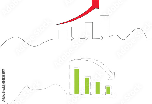 Progress Concept Continuous One Line Art illustration. Elegant continuous line drawing depicting a financial graph with  trending arrow for growth and success vector.