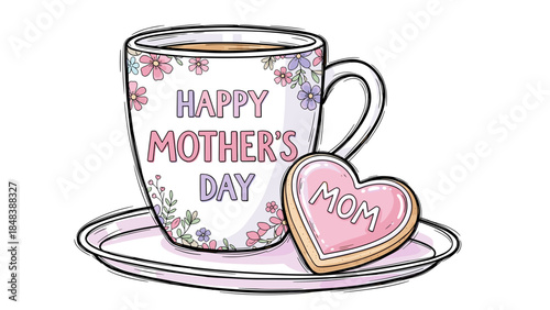 Mother’s Day mug vector illustration on tray with heart-shaped cookie on white background