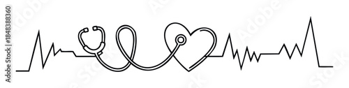 Stylized stethoscope with its cord forming a heart shape integrated into an electrocardiogram line representing love for healthcare and medicine.