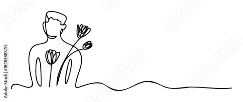 Continuous one line drawing of a man with flowers growing from his heart, a minimalist sketch representing selflove, mental health, and positive emotions.