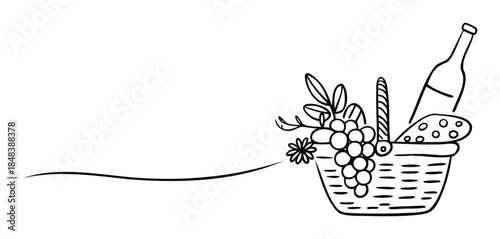 A simple continuous line drawing of a picnic basket with a bottle of wine, bread, and grapes for a summer lunch or outdoor dining theme.
