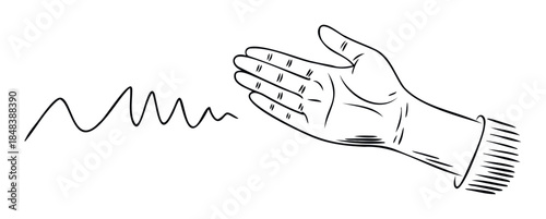 A simple sketch of a hand in a protective glove with a wavy line, symbolizing a signal, vibration or brainwave for science, medicine and technology presentations.