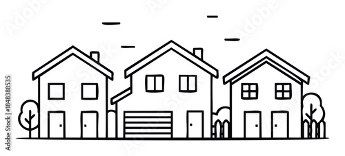 Black and white line drawing of a suburban neighborhood with three houses, ideal for real estate agency branding, housing market infographics, and mortgage broker icons.