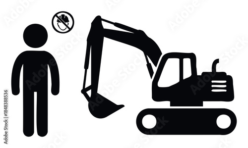 Black silhouette of a construction worker and an excavator with a prohibitory safety sign indicating a workplace hazard.
