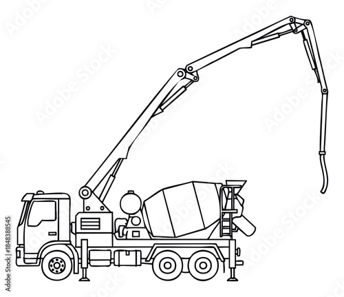 Black and white outline of a concrete pump truck with a long articulated boom, a perfect graphic for construction industry schematics or a childrens coloring book.