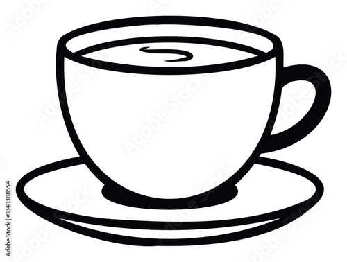 Minimalist black line drawing of a coffee cup with a hot beverage on a saucer, perfect for a cafe logo, menu graphic, or break time symbol.