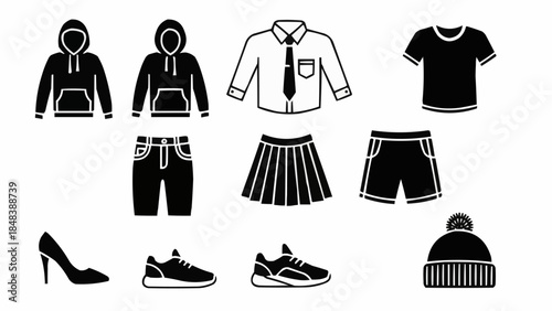 Collection of clothing and footwear icons for fashion and style.