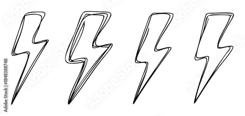 Hand drawn set of black lightning bolt shapes with a sketchy outline style perfect for creating icons, symbols, or simple graphic decorations.