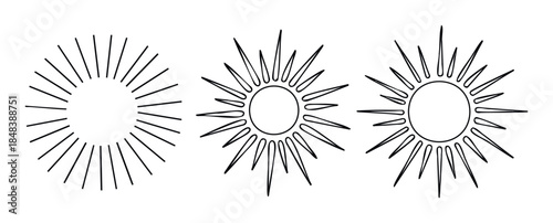 Collection of linear sunburst and celestial sun graphics with a hand drawn feel perfect for boho logos, mystical branding, and esoteric themed social media content.