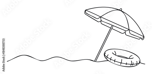 Minimalist line drawing of a beach scene with an umbrella and inflatable ring representing a relaxing summer holiday or seaside travel for tourism promotions.