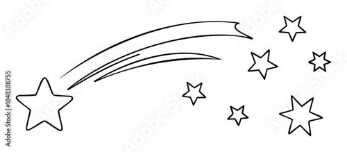 Simple hand drawn shooting star and other stars in the night sky, a black and white doodle for childrens coloring books or magical celebration graphics.