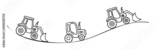 Simple outline drawing of three construction tractors driving on a wavy line, a minimalist vehicle graphic for childrens coloring books or transportation themed projects.