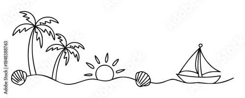 Minimalist one line drawing of a tropical beach with palm trees and a sailboat for a summer holiday themed page divider or border decoration.