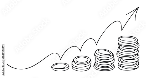 Sketch of increasing coin stacks and an upward arrow symbolizing profit, investment return, and economic growth for financial presentations or reports.