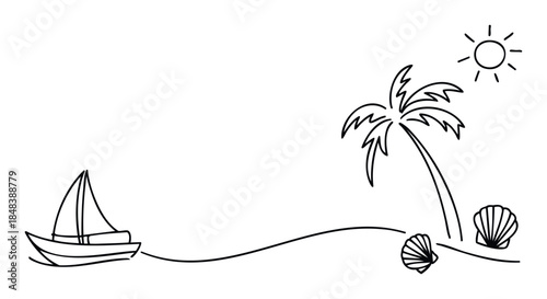Hand drawn summer holiday doodle featuring a sailboat on the sea and a tropical island with a palm tree and sun, symbolizing travel, vacation, and relaxation.
