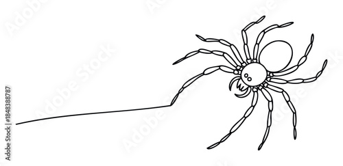 Scary spider with long legs and fangs hanging from a single silk line, an ideal graphic for Halloween events and spooky themes.
