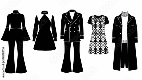 Collection of Black Fashion Outfits and Apparel Silhouettes.
