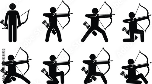 Archer silhouettes showing multiple archery shooting poses, bow and arrow action sequence concept, black vector illustration set for sport, training, and target practice design