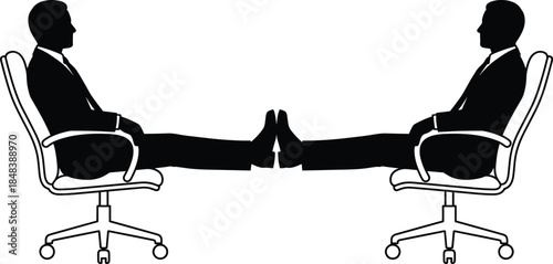 Two businessmen sitting opposite on office chairs with legs extended, corporate negotiation and power balance concept, minimalist black and white silhouette vector illustration