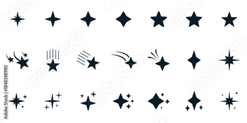 Comprehensive collection of versatile star and sparkle vector icons, ideal for adding decorative elements, magical effects, or celebratory accents to various design projects