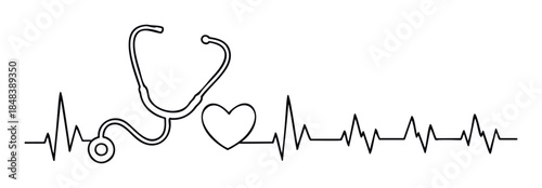 Stylized heartbeat electrocardiogram line featuring a stethoscope and heart symbol representing medical health care and life rhythm for cardiology or wellness concepts.