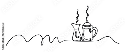 Simple continuous line drawing of steaming coffee cups and creamer jugs, perfect for cafe menus, beverage packaging, and breakfast promotions.